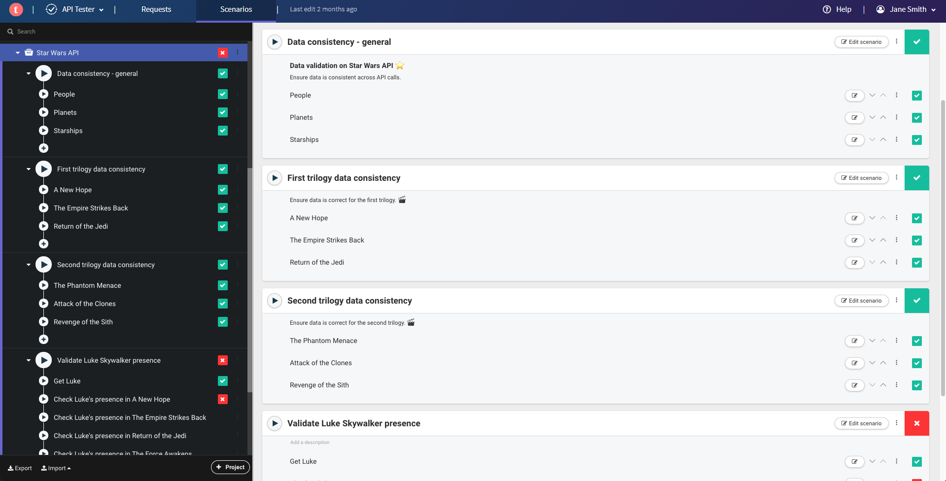 In this example, the first scenarios contain requests to check the consistency of the data in the Star Wars movies in each trilogy, and the last scenario validates Luke Skywalker's presence in the movies.