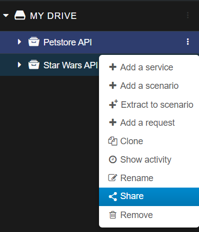 In this example, the project to share is called Petstore API.