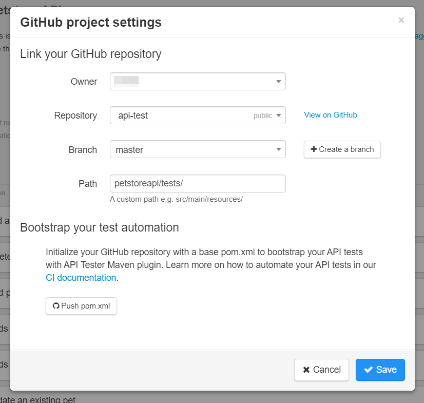 In this example, the repository is api-test, the branch is master, and the path is petstoreapi/tests/.