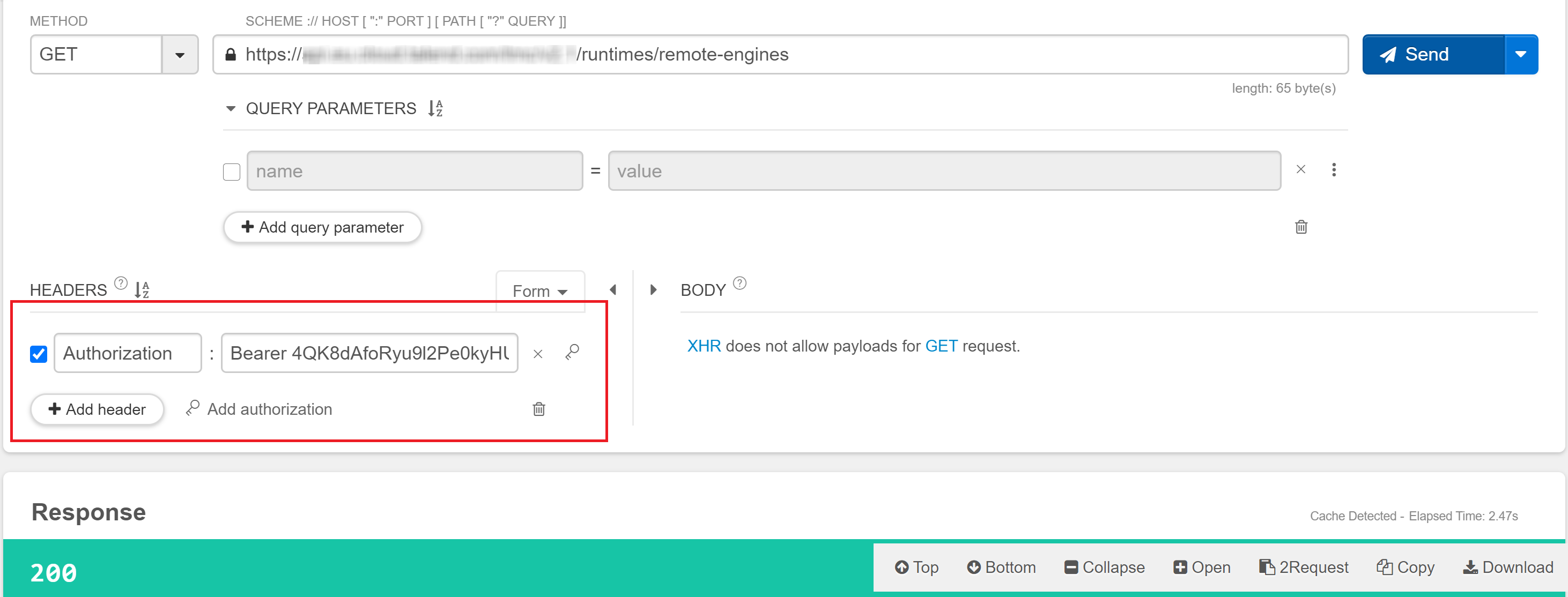 Authorization field with a personal access token.