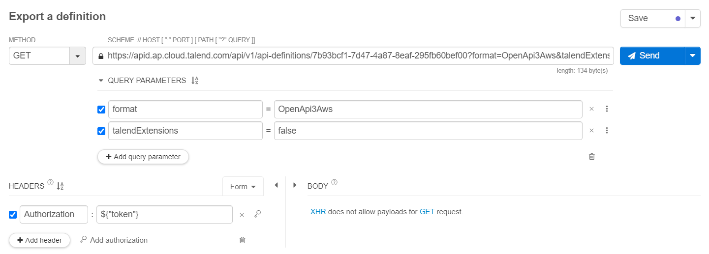 In Talend Cloud API Tester, the request is configured.