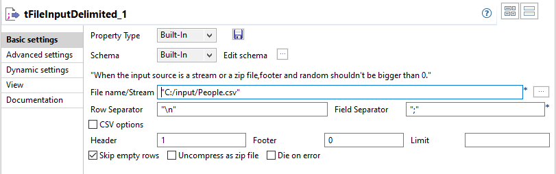 Configuration of the tFileInputDelimited component.