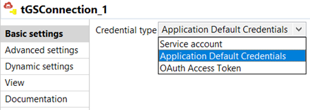 Basic settings view of tGSConnection opened with Application Default Credentials highlighted.