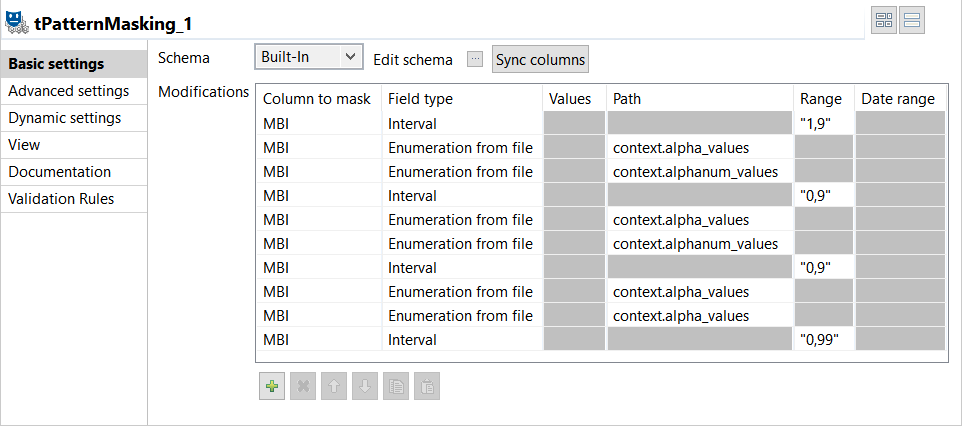 Configuration of the tPatternMasking component.