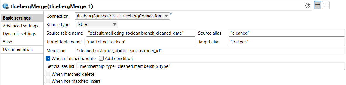 tIcebergMerge Basic settings view.