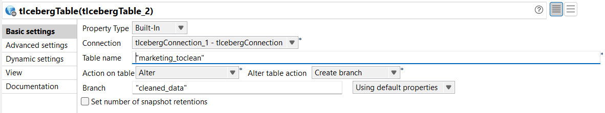 tIcebergTable Basic settings view.