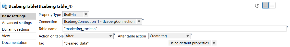 tIcebergTable Basic settings view.