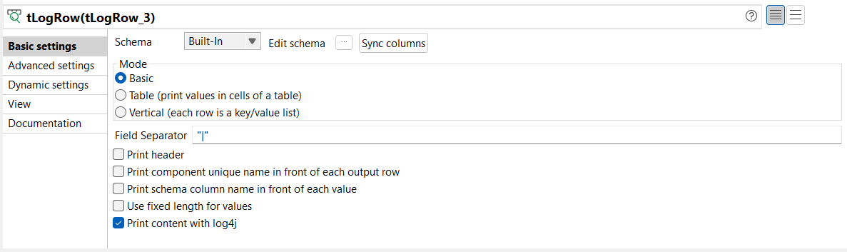 tLogRow Basic settings view.