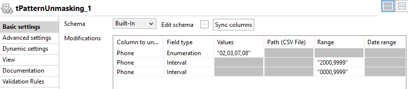 Configuration of the tPatternUnmasking component.