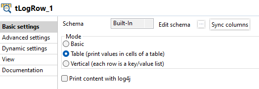 Configuration of the tLogRow components.