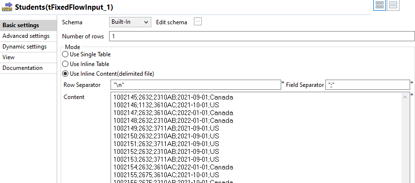 Configuration of the tFixedFlowInput component.