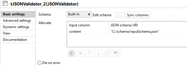 Configuration of tJSONValidator