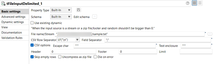 tFileInputDelimited configuration