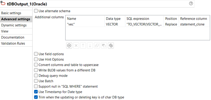 Advanced settings view of the tOracleOutput configuration.