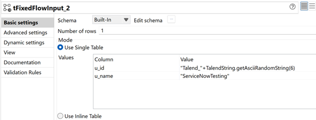 tFixedFlowInput configuration showing the values to be inserted in the columns.