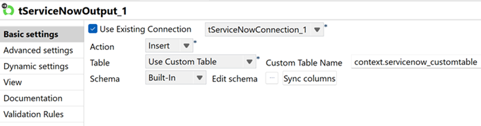 tServiceNowOutput configuration with Insert action and the custom table selected.
