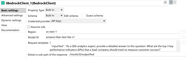 tBedrockClient Basic settings showing Credential provider set to API keys, Model ID as amazon.titan-text-lite-v1, and the request template with the Qlik-focused prompt.