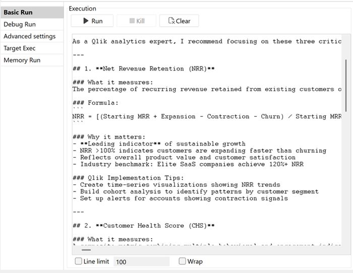 Run console showing the execution result with the AI-generated expert answer displayed in table format.