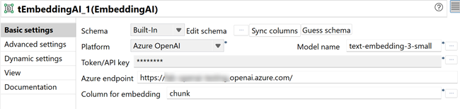 Basic settings view of the tEmbeddingAI component configuration.