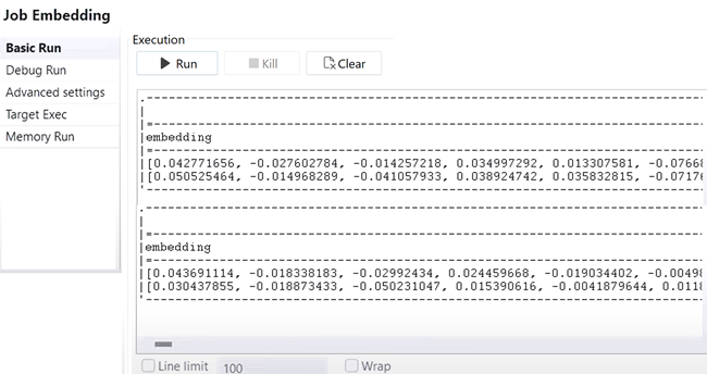 Run console showing successful execution with chunked phone review text and generated embeddings.