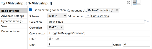 Basic settings view of the tMilvusInput configuration showing search operation with query vector.