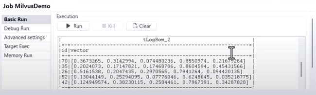 Execution console showing successful insertion and retrieval of similar products based on vector similarity.