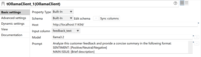 tOllamaClient Basic settings showing Input column set to feedback_text, Host as localhost:11434, Model as llama3.2, and the analysis prompt.