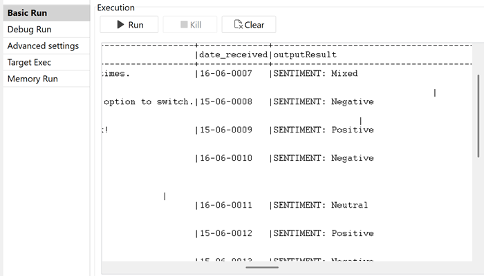 Run console showing the new column populated with sentiment analysis.