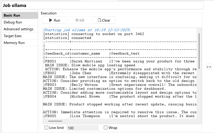 Run console showing successful execution with row count statistics for each component.