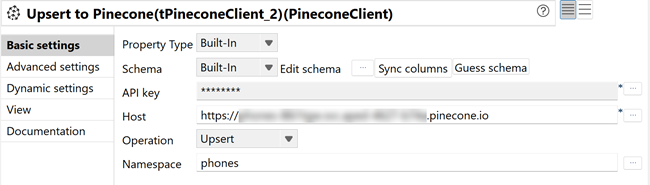 Basic settings view of the tPineconeClient component configuration with the Upsert operation selected.