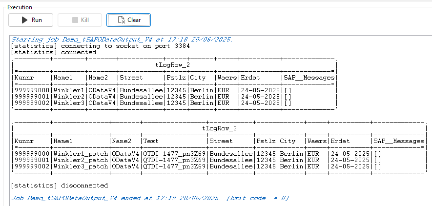 View of the Execution tab showing the results of the insert and update operations.
