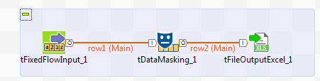 A Job using the tFixedFlowInput, tDataMasking, and tFileOutputExcel components.