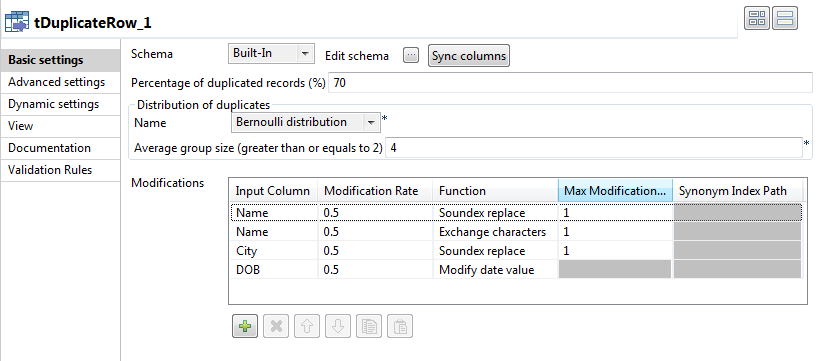 Configuration of the tDuplicateRow component.