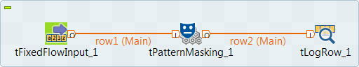 A Job using the tFixedFlowInput, tPatternMasking, and tLogRow components.