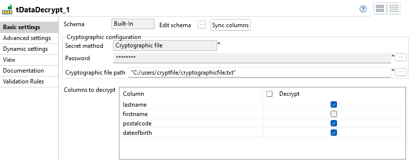 Configuration of the tDataDecrypt component.