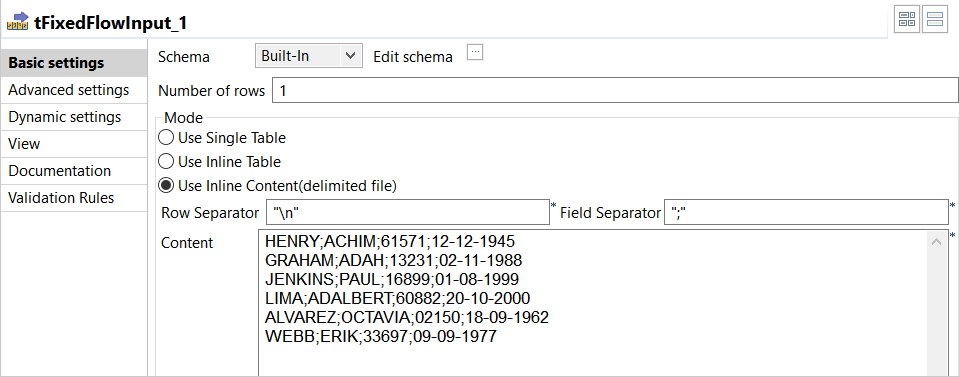 Configuration of the tFixedFlowInput component.