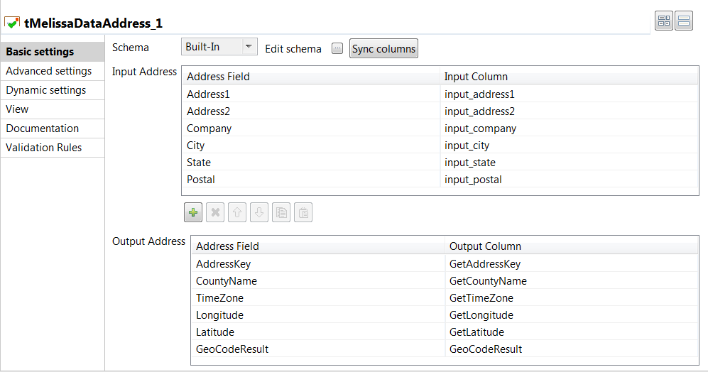 Configuration of the tMelissaDataAddress component.