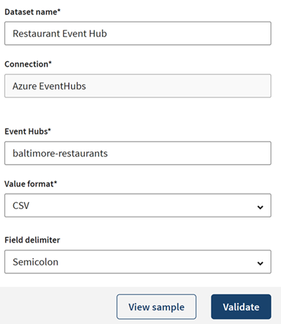 Configuration of a new Azure Event Hubs dataset.