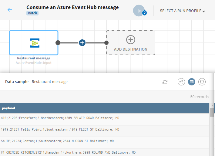 A new pipeline where the source is the restaurant message data from the previous destination pipeline.