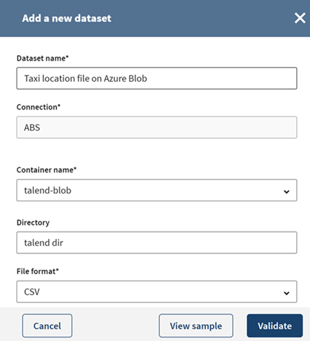 Configuration of a new Azure Blob dataset.