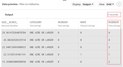 In the Output data preview, 5 records match the criteria.