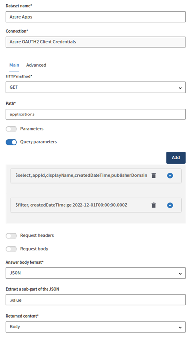 Configuration of a new HTTP client dataset.