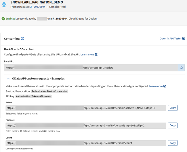 ODATA API of the Snowflake table with example of custom requests.