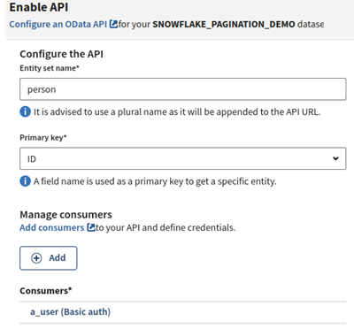 Properties of the ODATA API Snowflake table.