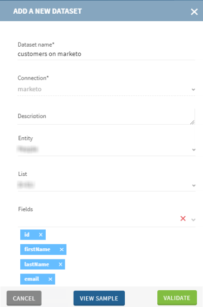 Configuration of a new Marketo dataset.