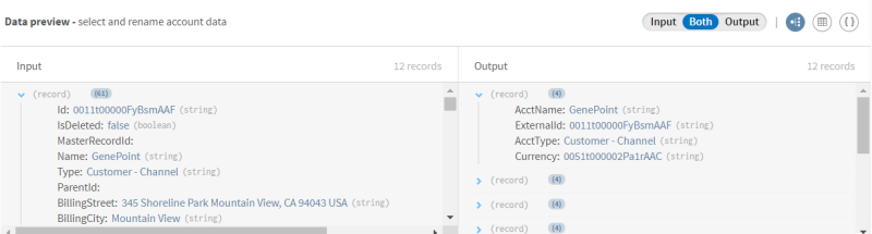 In the Output data preview, the fields are renamed.