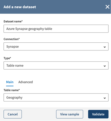 Configuration of a new Azure Synapse dataset.