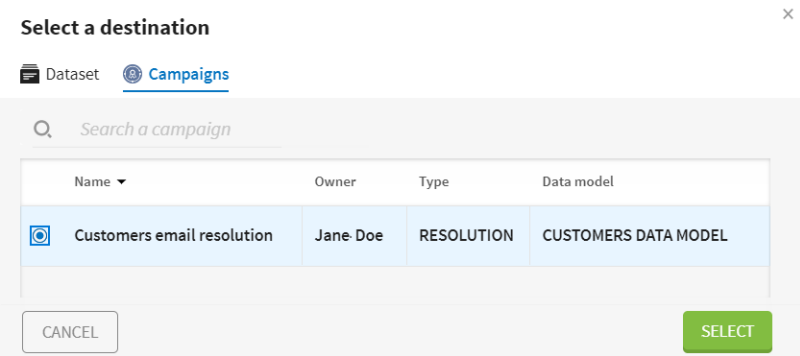 Campaigns tab in the select a destination menu.