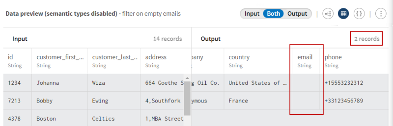 In the Output data preview, 2 records match the criteria.