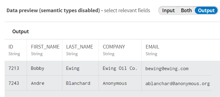 In the Output data preview, only the selected fields appear.